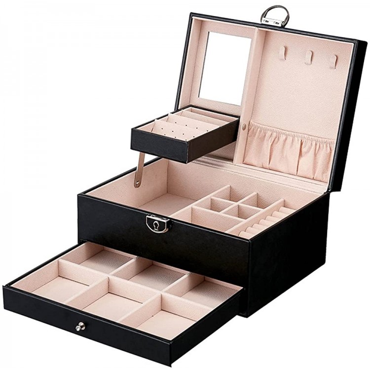 Jewelry Storage Box Large-Capacity Multi-Layer Leather Jewelry Storage Box Drawer Jewelry Box Makeup Box for Earrings Bracelets Rings Watches,Black - B54Y97EN5