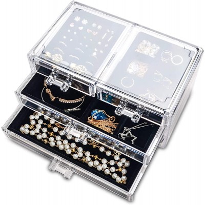 Acrylic Jewelry Box 4 Drawers,Clear Jewelry Organizer Velvet Rings Necklaces Earring Bracelets Display Case Stand Holder Tray for Women GirlsBlack - BRAVYI8P1