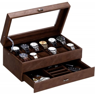 BEWISHOME Watch Box for Men Luxury Watch Organizer Faux Leather Watch Case with Jewelry Drawer Real Glass Top  Metal Hinge Brown SSH12Z - BSC2LHXY5