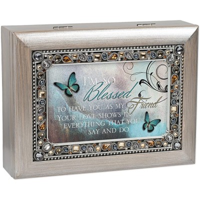 Cottage Garden Blessed to Have You as Friend Brushed Pewter Jeweled Music Box Plays Wonderful World - BZ2T5645O