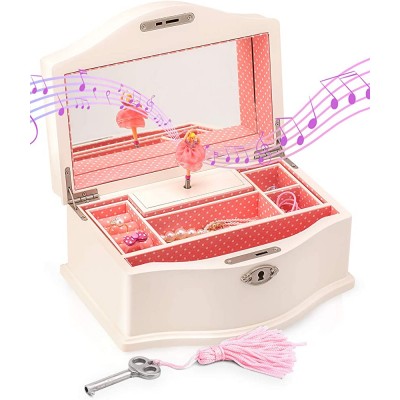 Elle Jewelry Box Ballerina Jewelry Organizer and Swan Lake Wind-Up Music Box for Girls and Teens Accessories and Keepsake Wooden Storage with Lock and Mirror Charming Room Decor and Gift Large - BJHT7PEG1