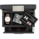 Glenor Co Valet Jewelry Watch Box for Men -Modern Carbon Fiber Texture Organizer with Glass Top Drawer & Tray Holder for Watches Cufflinks Sunglasses Tie Clips & Accessories Small Case Black - BI1QGV539