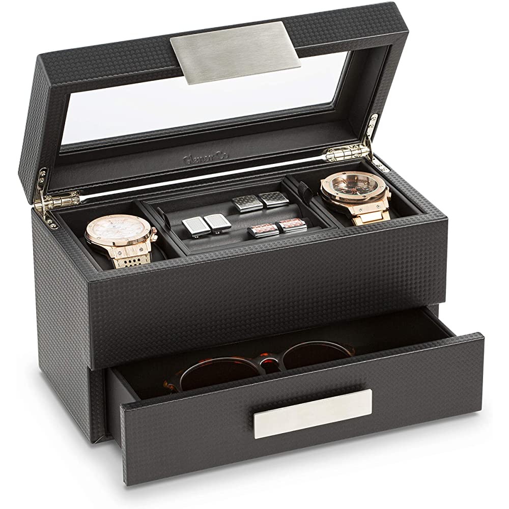 Glenor Co Valet Jewelry Watch Box for Men -Modern Carbon Fiber Texture Organizer with Glass Top Drawer & Tray Holder for Watches Cufflinks Sunglasses Tie Clips & Accessories Small Case Black - BI1QGV539