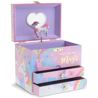 Jewelkeeper Musical Jewelry Box with 2 Pullout Drawers Glitter Rainbow and Stars Unicorn Design Over The Rainbow Tune - BDSLM3EF5
