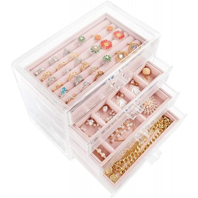 Mebbay Acrylic Jewelry Box with 4 Drawers Velvet Jewelry Organizer for Earring Necklace Ring & Bracelet Clear Jewelry Display Storage Case for Woman Pink - BOSM58E7L