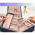 MTGOCHA Jewelry Box for Women 3 Layer Jewelry Organizer Large Earring Organizer with Leather Removable Jewelry Storage Case Holder for Earrings Rings Necklace Bracelets Navy Blue - BMT80NGO1