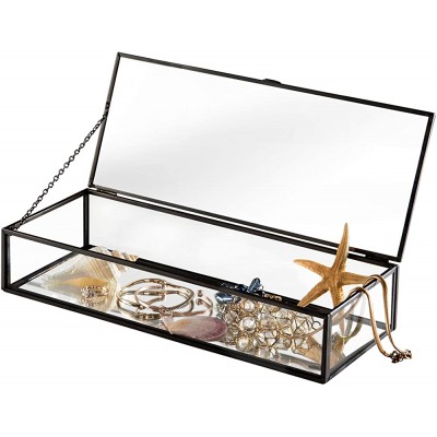 MyGift Glass Jewelry Box Vintage Style Black Metal & Clear Glass Mirrored Shadow Box Jewelry Display Case with Hinged Top Lid - BH8Q5ROAO