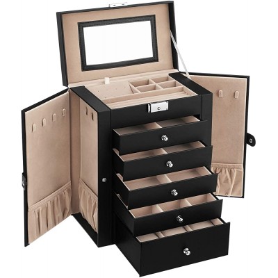 SONGMICS 6 Tier Jewelry Box with Drawers Mirror and Lock Storage Organizer for Bracelets Earrings Rings Necklaces Watches Black UJBC152B01 - B1RRR2BZ0