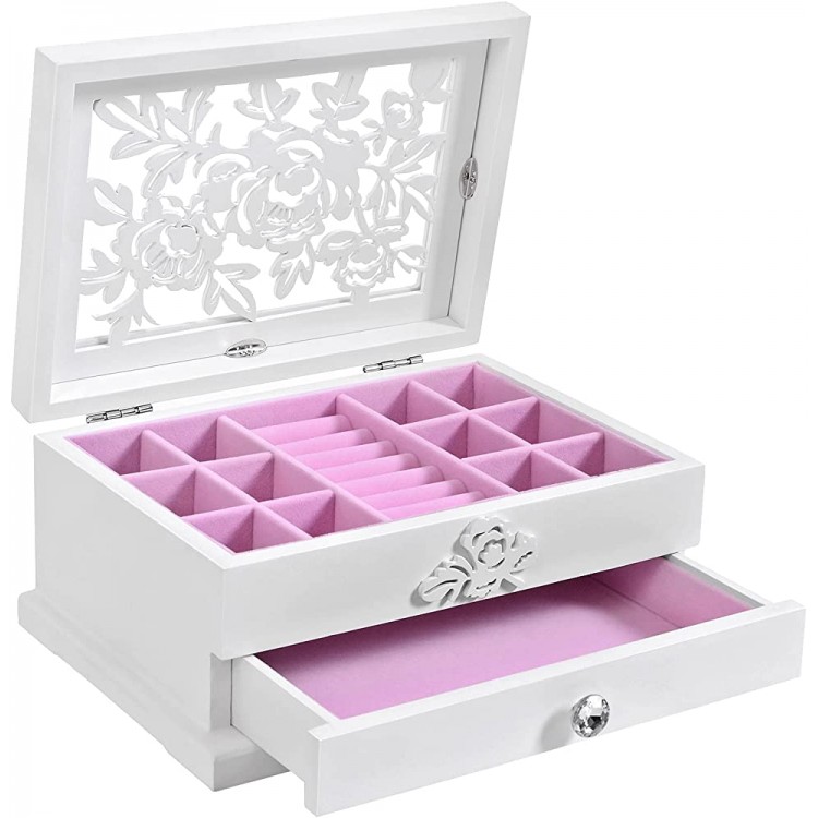 SONGMICS Girls Jewelry Box Wooden Flower Carving Organizer Storage Case 2 Tier with Drawer DIY White and Pink UJOW201 - BMPTUMO5C