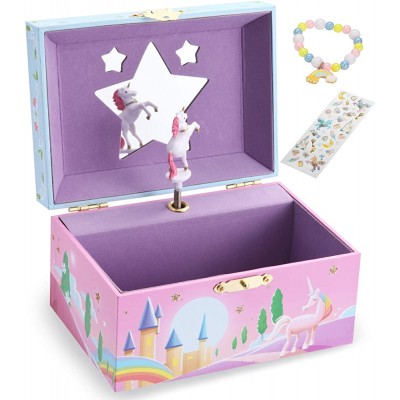 Unicorn Girls Musical Jewelry Box With Star Shaped Mirror Spinning Unicorn and Unicorn themed Bracelet & Stickers - B3KA8YUTZ