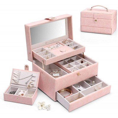 Vlando Flora 3-Layer One-Handed Jewelry Box,with Portable Travel Jewelry Organizer and Removable Necklaces Hooks Watch Cubes Covered Compartment Gift for Loved Ones-Pink - BAXR3TV9V