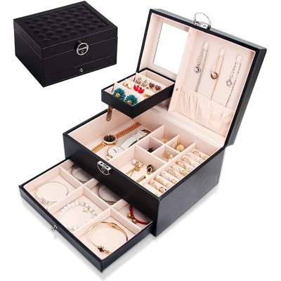 Wagoal Jewelry Box for Women Girls 3 Layer Medium Sized Jewelry Organizer Box with Lock Adjustable Compartments for Stud Earrings Bracelets Necklace Rings Watch Built-in Mirror PU Leather ,Black - BN3W6W561