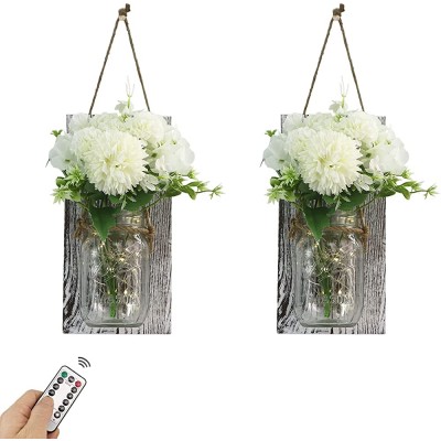 2 Pack Rustic Wall Sconces Mason Decorative Jar Wall Decor with Remote LED Fairy Lights for Home Kitchen Living Room Farmhouse Decorations White Chrysanthemum Hydrangea - BCHNBR09W