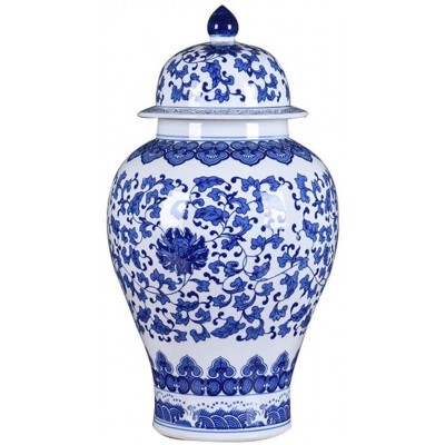 Chinese Blue &White Ginger Jar with Lid Handmade Decorative Ceramic Temple Jar with Lotus Flower Pattern Storage Jar for Home Decoration Countertop Ornaments Size : Large - B17HPB27H