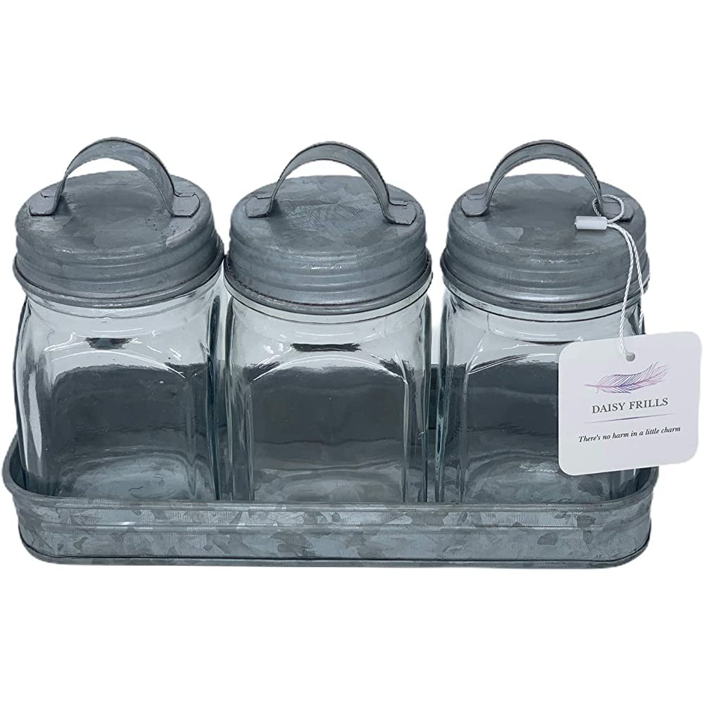Decorative Jars with Galvanized Tray Set of 3 - B9G32D4ML