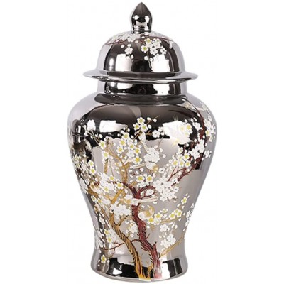 DWW Floral Ceramic Ginger Jar Silver Porcelain Temple Jar Vase Large with Lid Plum Flower Pattern Retro Chinese Decorative Jar for Home Table Centerpiece Decoration Size : Small - BOEFYFZOR