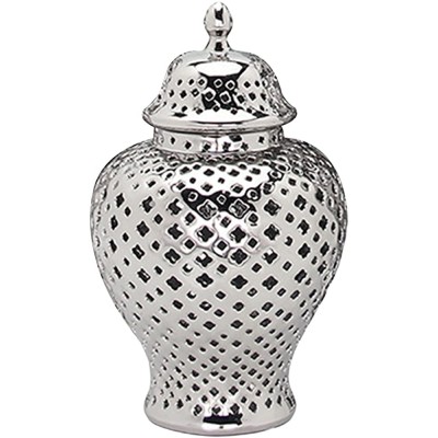 Homyl Traditional Pierced Ginger Jar with Lid Carved Lattice Decorative Temple Jar Ceramic Ginger Jars for Home Decor  silver - B4INW86X7