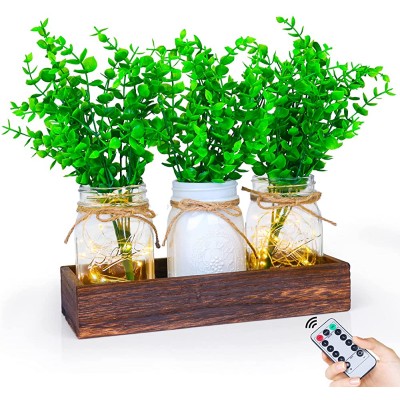 Lighted Floral Mason Jar Centerpiece Decorative Wood Tray with Remote Control LED Fairy Lights and 3 Painted Jars For Home Living Room Bedroom Kitchen Herb Plants Coffee Table Decoration - BGYMYPP1X