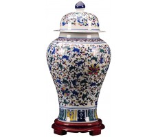 long teng Blue and White Porcelain Ginger Jar Vase for Home Decor Chinoiserie Decorative Jar with Lid Floral Print Ceramic Temple Jar W Wooden Stand Centerpiece Size : Large - BV3NG7OY7