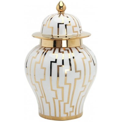 long teng Ceramic Geometric Print Ginger Jar with Lid Traditional Porcelain Decorative Vase Temple Jar White and Gold Size : Small - BSBHR2YTL