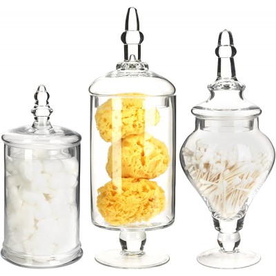 Mantello Glass Apothecary Jars with Lids- Set of 3 Clear Jars with Lids Decorative Storage for Candy Beads Cookies Cotton Cereal Essential for the Bathroom Pantry Kitchen Living Room - BU40936MV