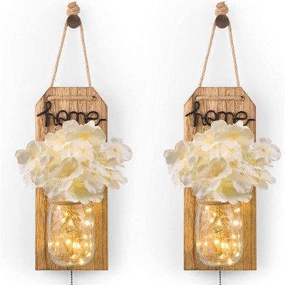 Mason Jar Sconce Wall Decor Auslar Home Decor Handmade Hanging Rustic Sconce LED Fairy Lights for Living Room Farmhouse Kitchen Decoration Set of 2 Rustic Brown - BWP1T2LPD