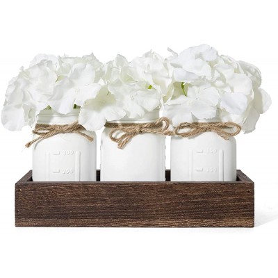 Mkono Mason Jar Centerpiece Decorative Wood Tray with 3 Painted Jars Artificial Flowers Table Decor Rustic Country Farmhouse Fall Decoration for Coffee Table Dining Room Living Room Kitchen,White - B5IVDX9T8