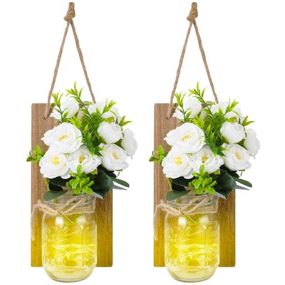 MUCH Mason Jar Sconces for Home Decorations Decorative Rustic Wall Sconces Design with LED Strip Fairy Lights and Flowers Decor for Home,Living Room,Farmhouse Kitchen Set of 2 Imitation Flower - BZJ4Q39SE