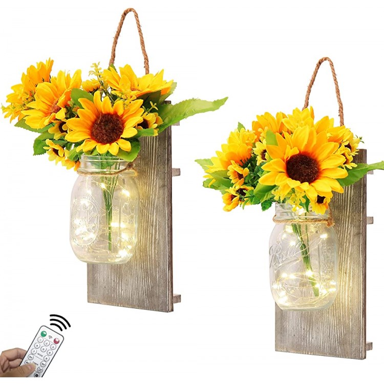 Rustic Mason Jar Wall Decor Sconces Kitchenexus Decorative Mason Jar with Remote Control LED Fairy Lights and and Sun Flowers Farmhouse Home Decorations Wall Decor Living Room Lights Set of Two - BP1TQEIGJ