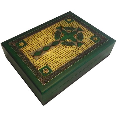 Celtic Cross Box Irish Green Wooden Keepsake Handcrafted Polish Wood Decorative Box w Brass Inlay - BNSE1O9F3