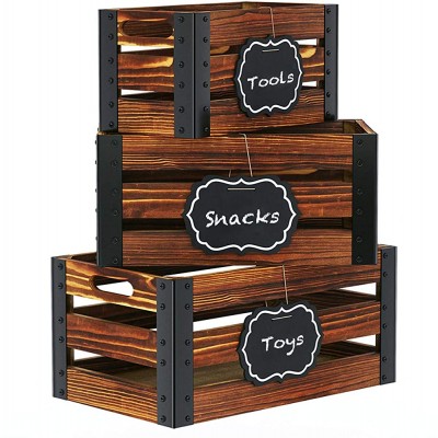 Greenstell Storage Crates Wooden Nesting Crates with Handles & Hanging Chalkboard Decorative Display Wall Mounted Rustic Accent Crate Box for Party Office Bedroom Kitchen Closet Set of 3 Brown - BG8CITZKW