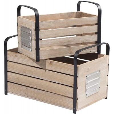 HOMPUS Wooden Storage Crates  Set of 2 Decorative Nesting Countertop Baskets with Galvanized Metal and Handle Rustic Crate Box Storage Container for Home Kitchen or Living Room - BMAIKFKVX