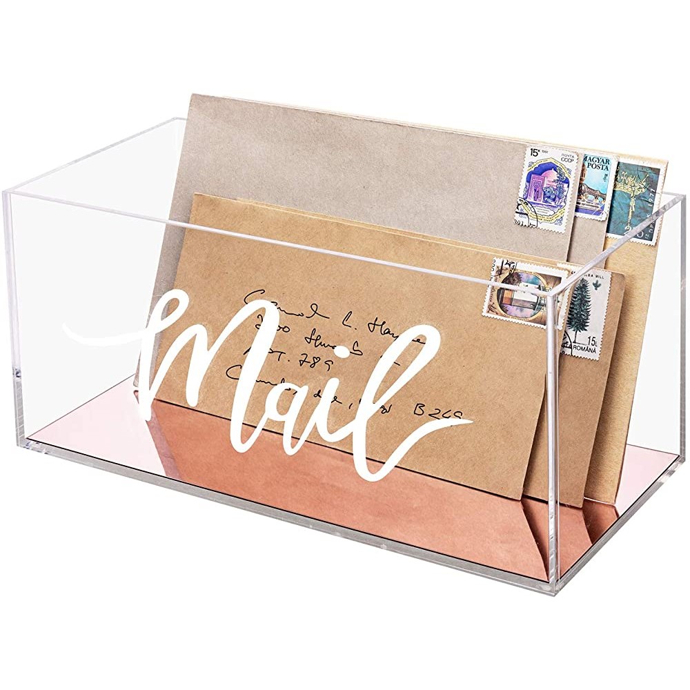 MyGift Clear Acrylic Tabletop Decorative Mail Holder Storage Box with Letter Word Script Design and Rose Gold Mirror Base - B3NVCXJ6E