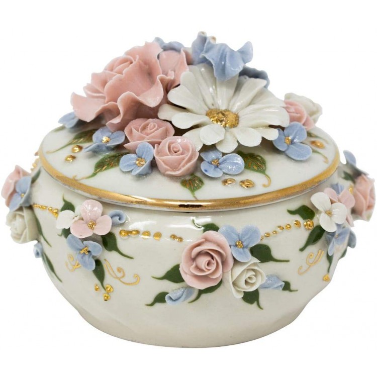 Porcelain Jewelry Box Lake Handmade 4.0 x 5.1 x 3.9 inch 3D Flowers on Biscuit Glazed - BU4UJ5U52