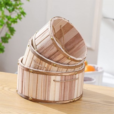 Quan Shuo Rustic Round Nesting Box with Rope Handle Decorative Wooden Box Storage Container Set of 3 Brown 11inx7.6inx4.3in - BXFLFGUIV