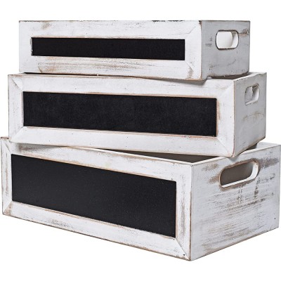 Set of 3 Vintage Wood Nesting Storage Crates with Chalkboard Front Panel and Cutout Handles Decorative Farmhouse Wooden Storage Boxes Whitewash - B9IKDAI4Q