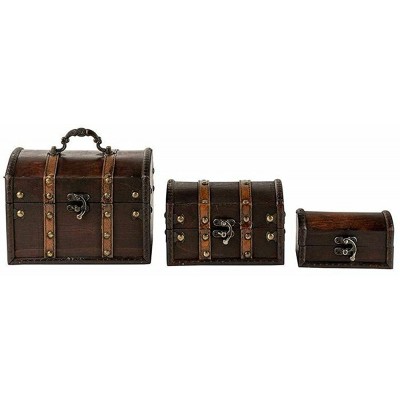 Set of 3 Wooden Treasure Chest Boxes Vintage Antique Small Decorative Trunks - BXQZ7WVY8