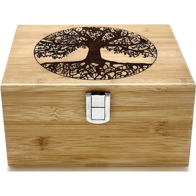 Tree of Life Wooden Box Wood Keepsake Box with Hinged Lid and Metal Latch Bamboo Storage Boxes with Lid Engraved Tree Design Gift Box Treasure Natural Bamboo - BINEIUK2A