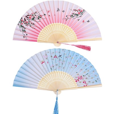 2 Pieces Folding Fans Handheld Fans Bamboo Fans with Tassel Women's Hollowed Bamboo Hand Holding Fans for Wall Decoration Gifts Pink Peach Blossom and Blue Cherry Pattern - BQ1T84S5G