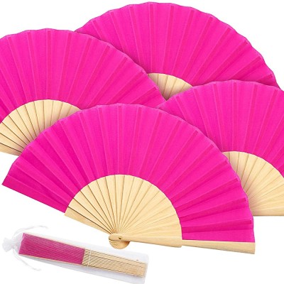 4 Pieces Wooden Folding Fan Fabric Handheld Fans Craft Decoration Fan with Drawstring Organza Bags for Men Women Girls Party Supply Rose Red - BOUX8LEXX