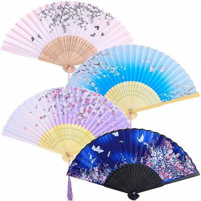 Aneco 4 Pieces Folding Fans Bamboo Handheld Fans Silk Fabric Fans Hand Holding Fans for Wedding Party Gifts Wall Decoration - BQ4B3XSRD