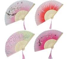 cozyroom Folding Hand Fan 4Pcs Floral Bamboo Plum Blossom Handheld Silk Chinese Style Fan with Different Patterns Fringe Folding Fan for Wedding Dancing Party 15x8.3 - BGHZ6ZIFL
