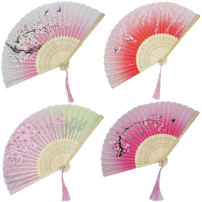 cozyroom Folding Hand Fan 4Pcs Floral Bamboo Plum Blossom Handheld Silk Chinese Style Fan with Different Patterns Fringe Folding Fan for Wedding Dancing Party 15x8.3 - B04LNM1IX