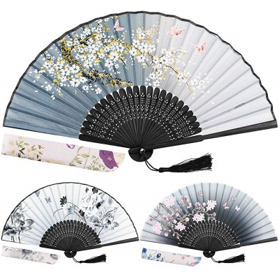 EAONE 3 Pcs Hand Folding Fan Abanicos de Mano Chinese Vintage Style Handheld Fan with Fabric Sleeve Silk Fan with Bamboo Frame and Elegant Tassel for Party Wedding Dancing Decoration - B58WY6YWG