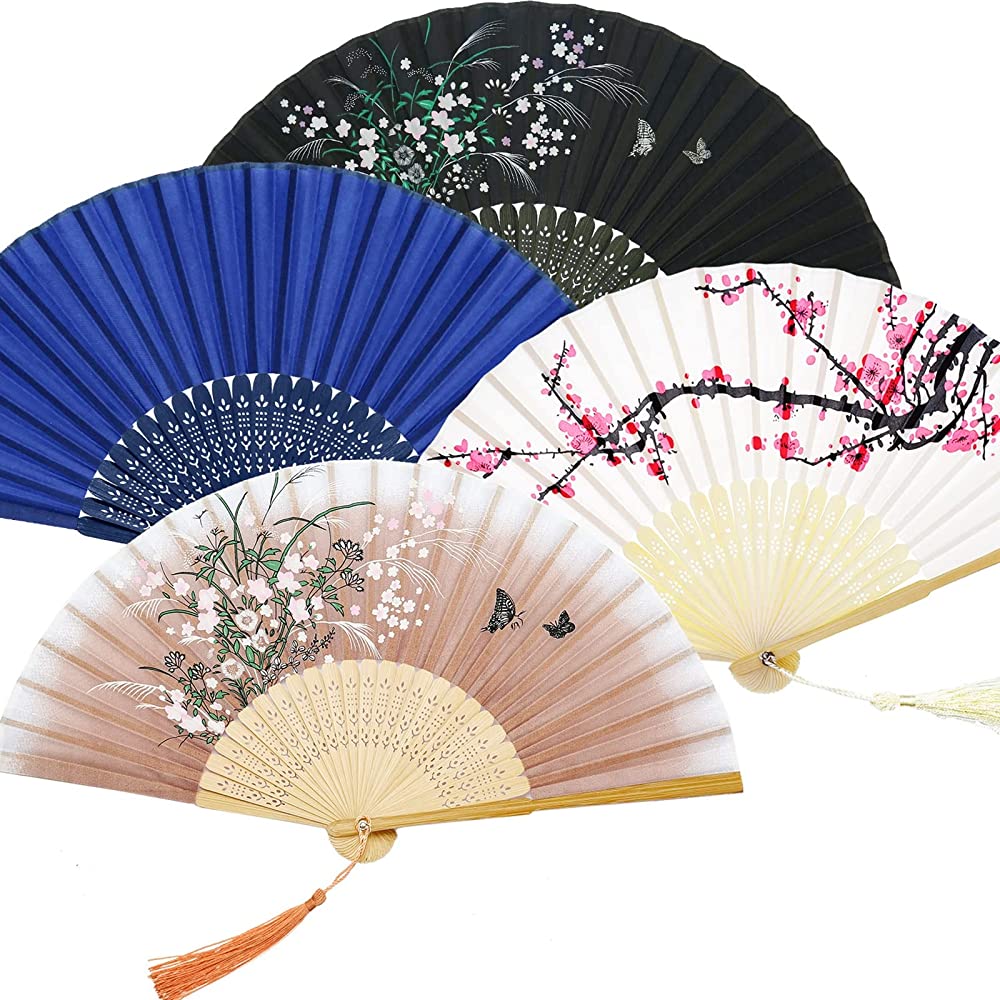 Handheld Floral Folding Fans Cherry Blossom Pattern Hand Held Fans Silk Bamboo Fans with Tassel Women's Hollowed Bamboo Hand Holding Fans for Women and Men 4 Pieces - B8SV6Y4JP