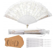 Lace Floral Folding Hand Fans Rose Retro Folding Fan Foldable White Hand Fans Bridal Hand Held Fan Lace Decorative Folding Fans Tags with Holes and Bags for Women Wedding Birthday Party 48 Set - B96RIUWXU