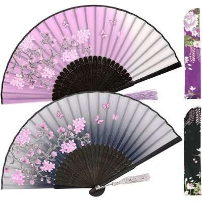 Leehome Small Folding Hand Fans for Women -Chinese Japanese 2pcs Vintage Bamboo Silk Fans for Dance Music Festival Wedding Party Decorations,Gift. Grey & Purple Sakura Butterflies - BULN96ZZG