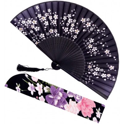 meifan 8.27" Silk Folding Fans Chinese Japanese Vintage Retro Style Hand Held Bamboo Fans with a Fabric Sleeve for Gifts Cherry Blossoms - B4VMT2DXT
