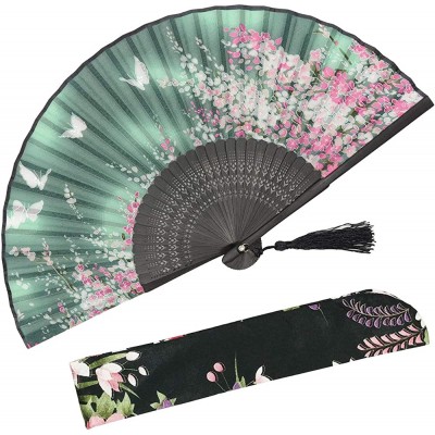 OMyTea Women Hand Held Silk Folding Fan with Bamboo Frame with a Fabric Sleeve for Protection for Gifts Sakura Cherry Blossom Pattern WZS-2 - BX9MD2MI4