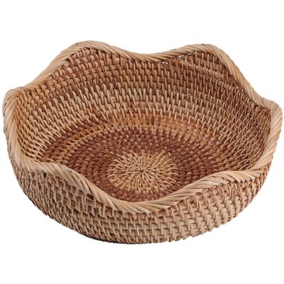 AMOLOLO Handmade Rattan Round Fruit Basket Food Storage Bowls Kitchen Organizer Snack Serving Bowl Wavy Edge Circle Tray Basket Boho Home Décor Display Tray for Coffee Table Dining Room Small 8.7" - BNWP52TEJ